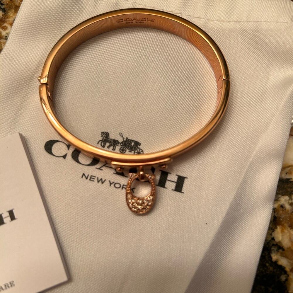 Coach Signature"C" Rose Gold Rhinestone Hinged Bangle - Picture 2 of 5